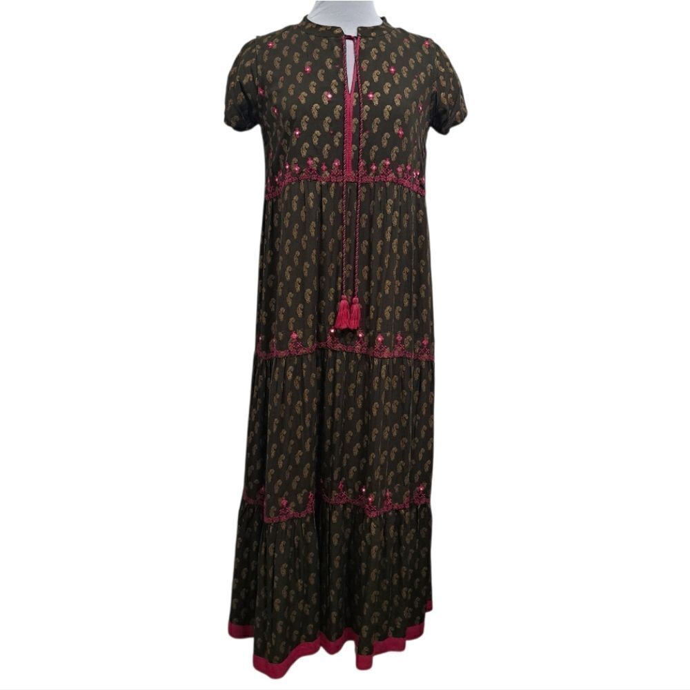 Fusion Printed Cultural Boho Tiered Paisley Midi Dress Olive/Pink Medium NWT